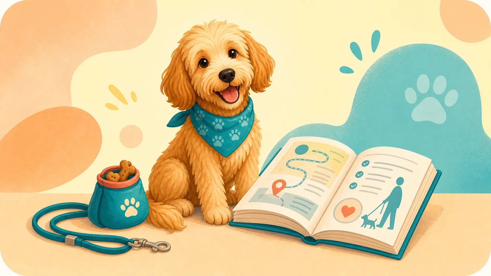 Dog beside an open guidebook, leash, and treat pouch