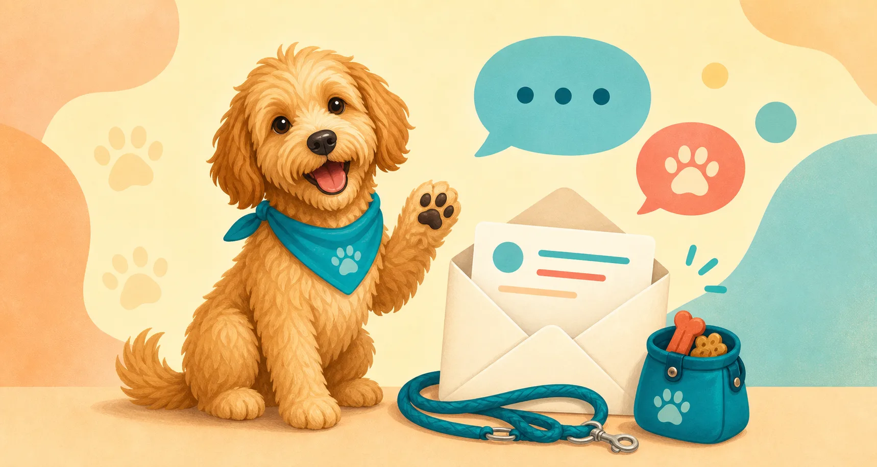Dog beside an envelope, leash, treat pouch, and friendly message bubbles