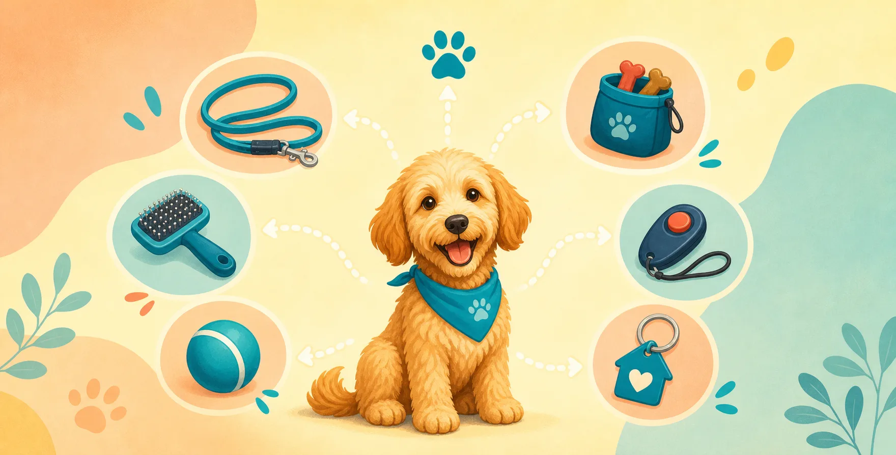 Dog surrounded by dog-care job tools including a leash, brush, ball, and key tag