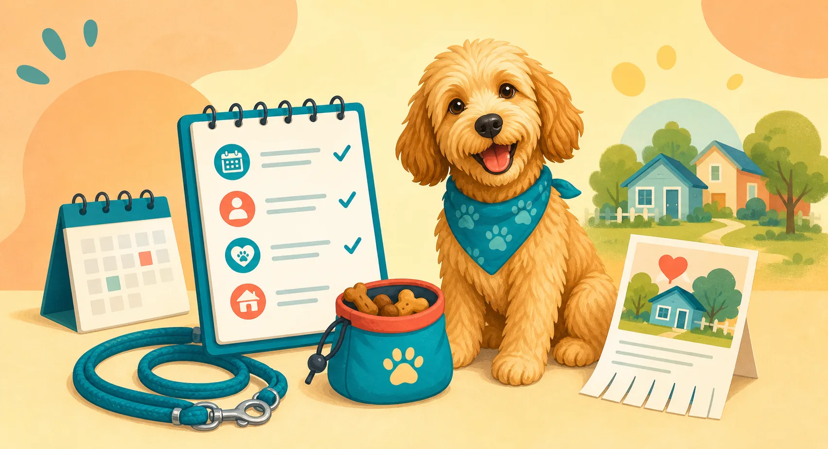 Dog beside a starter checklist, calendar, leash, and neighborhood flyer