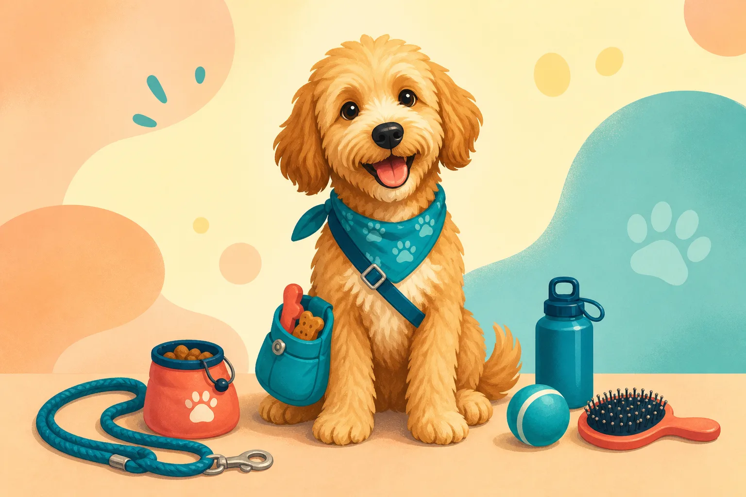 Happy dog with a satchel, leash, treats, and care tools
