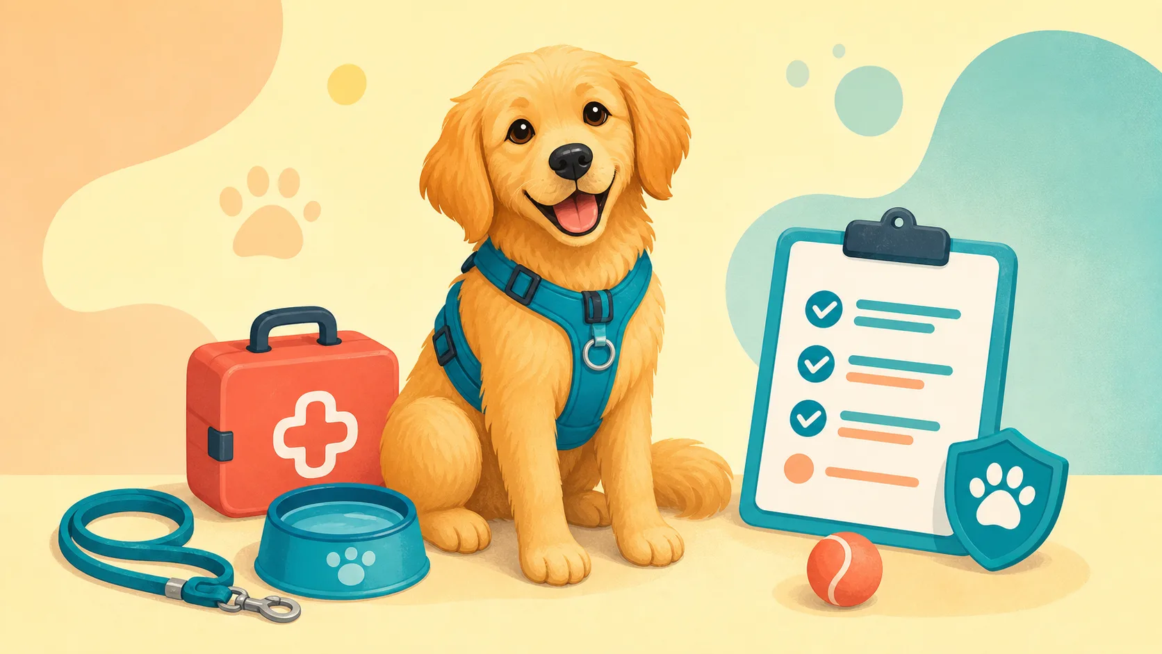 Calm dog with a harness, leash, water bowl, first aid kit, and safety checklist